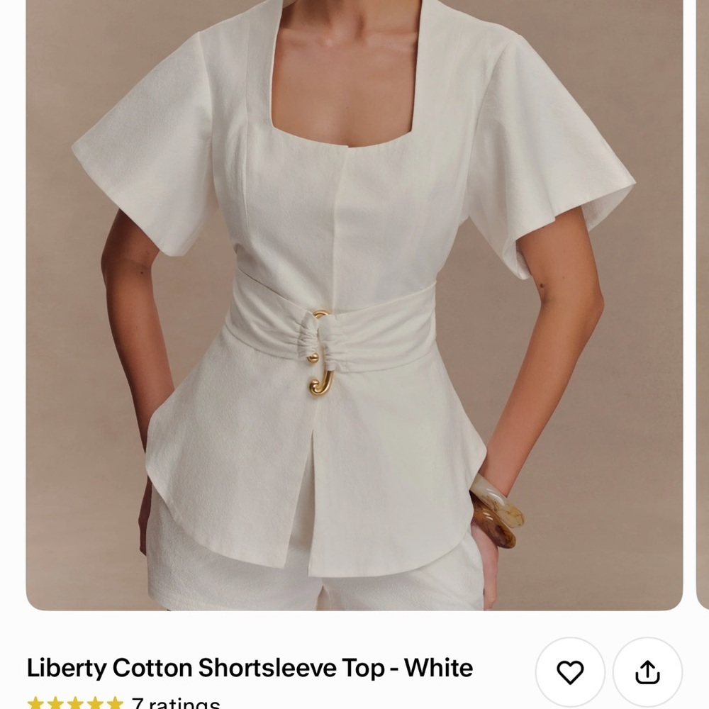 Meshki White Square-Neck Short Sleeve Peplum Top With Gold Hardware